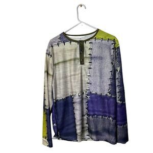 Colorful Patchwork Design Long Sleeve Henley Shirt M
